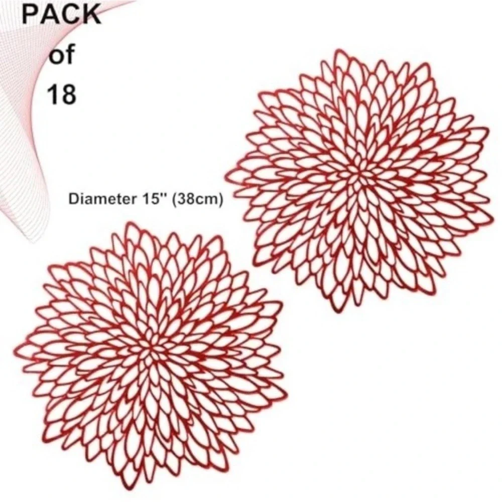 Placemats Pressed Vinyl Metallic Shiny Floral Dinning Mats Round Leaf 18 Red